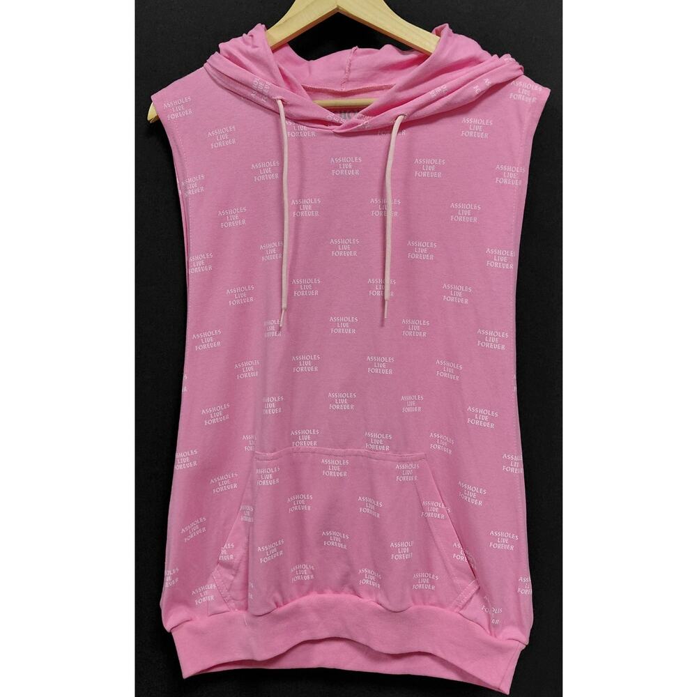 ASSHOLES LIVE FOREVER Pink Sleeveless Hoodie Graphic Print Size M